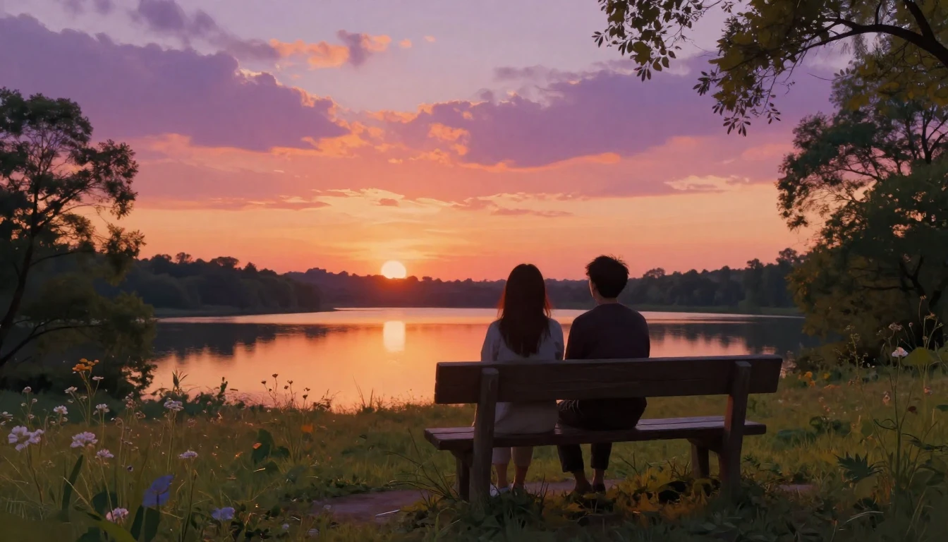 A serene and warm landscape at golden hour. Two silhouetted ...