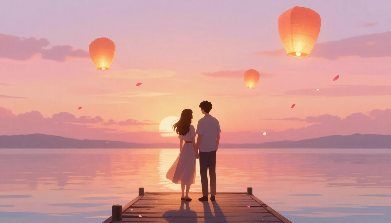 A romantic and dreamy illustration featuring two silhouettes...