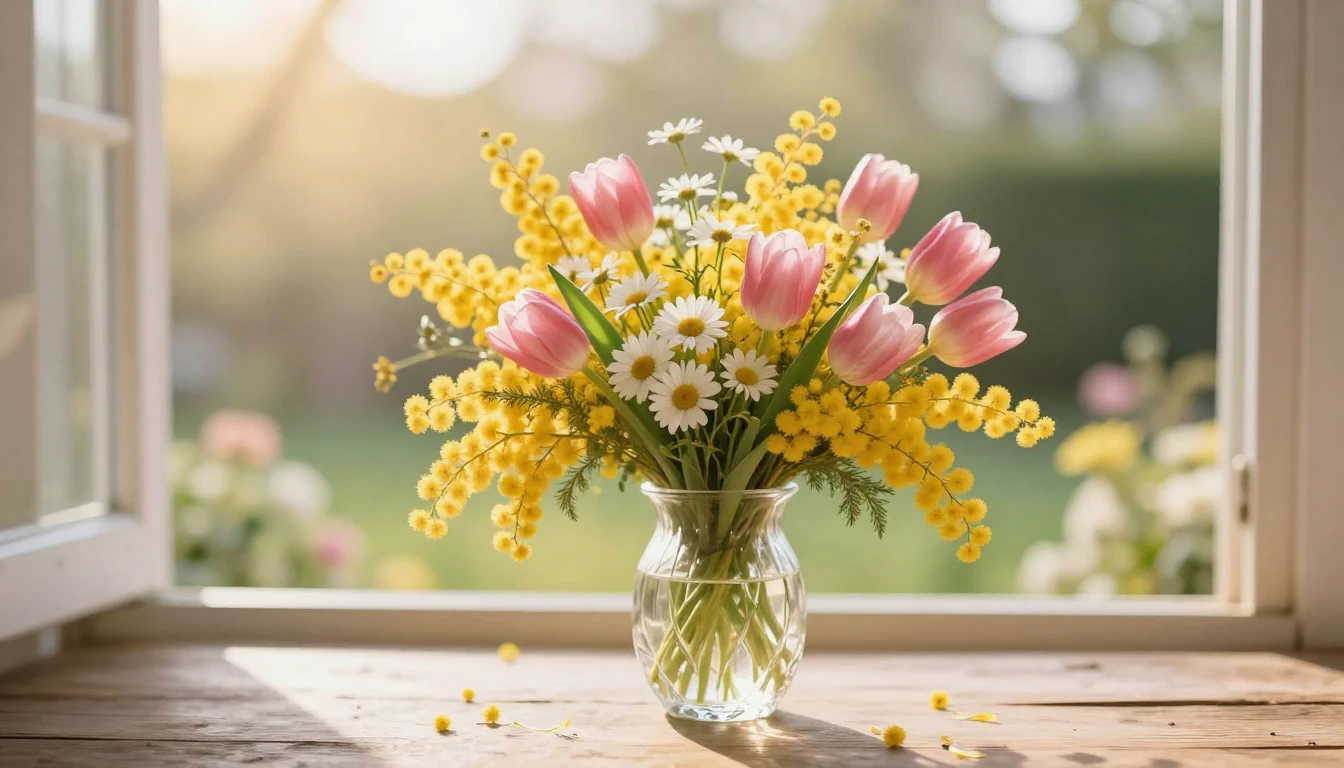 A beautiful and vibrant bouquet of spring flowers, including...