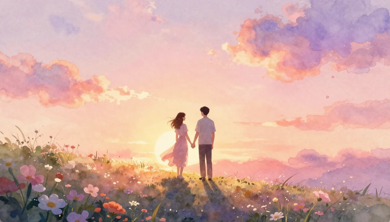 A romantic scene featuring a loving couple standing on a flo...