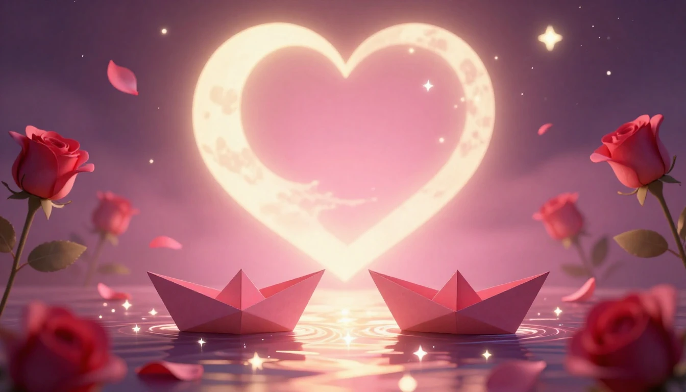 A romantic and whimsical scene featuring two stylized paper ...