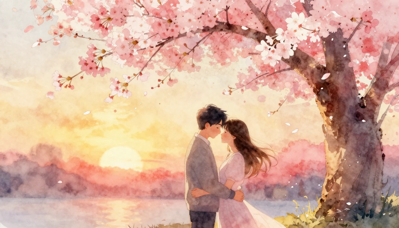 A romantic and tender watercolor painting of a couple standi...