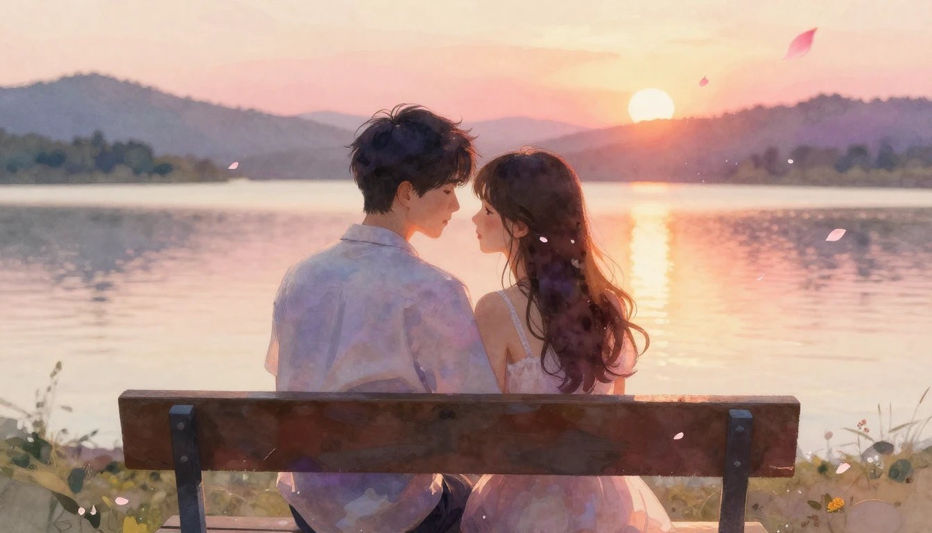 A romantic and tender scene of two lovers sitting closely to...