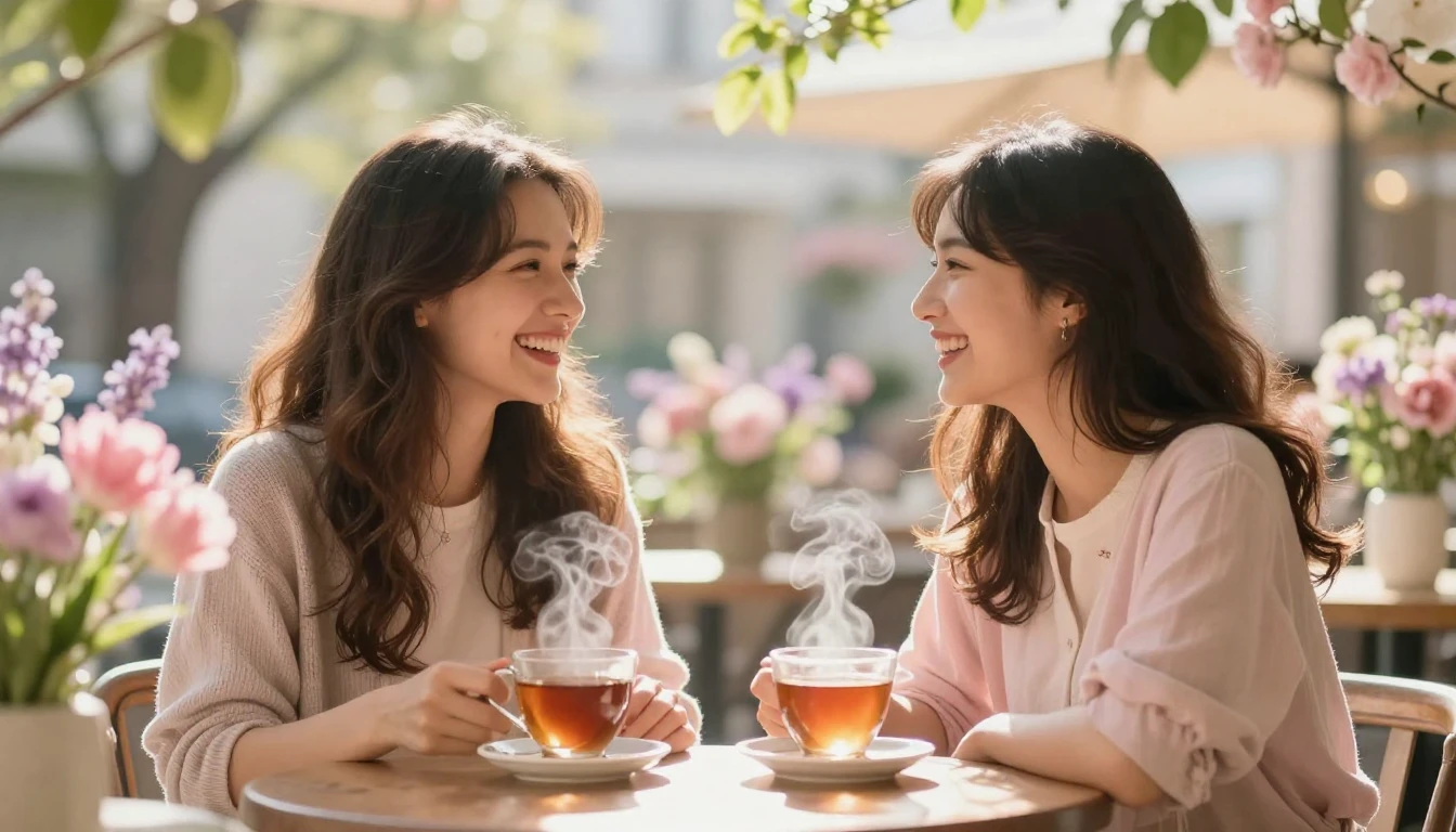 A heartwarming and cozy scene featuring two friends sitting ...