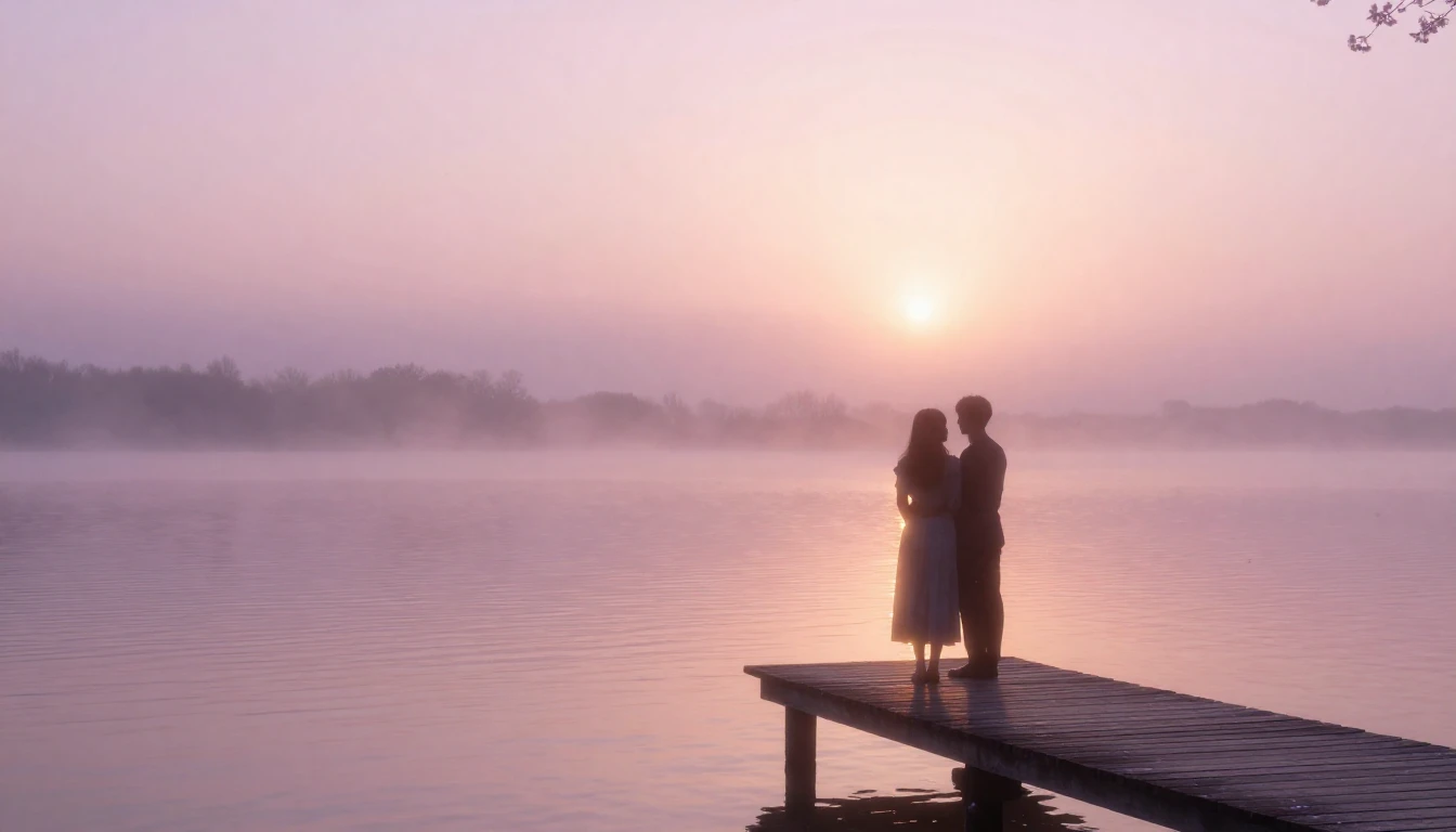 A dreamlike and romantic scene featuring two ethereal silhou...