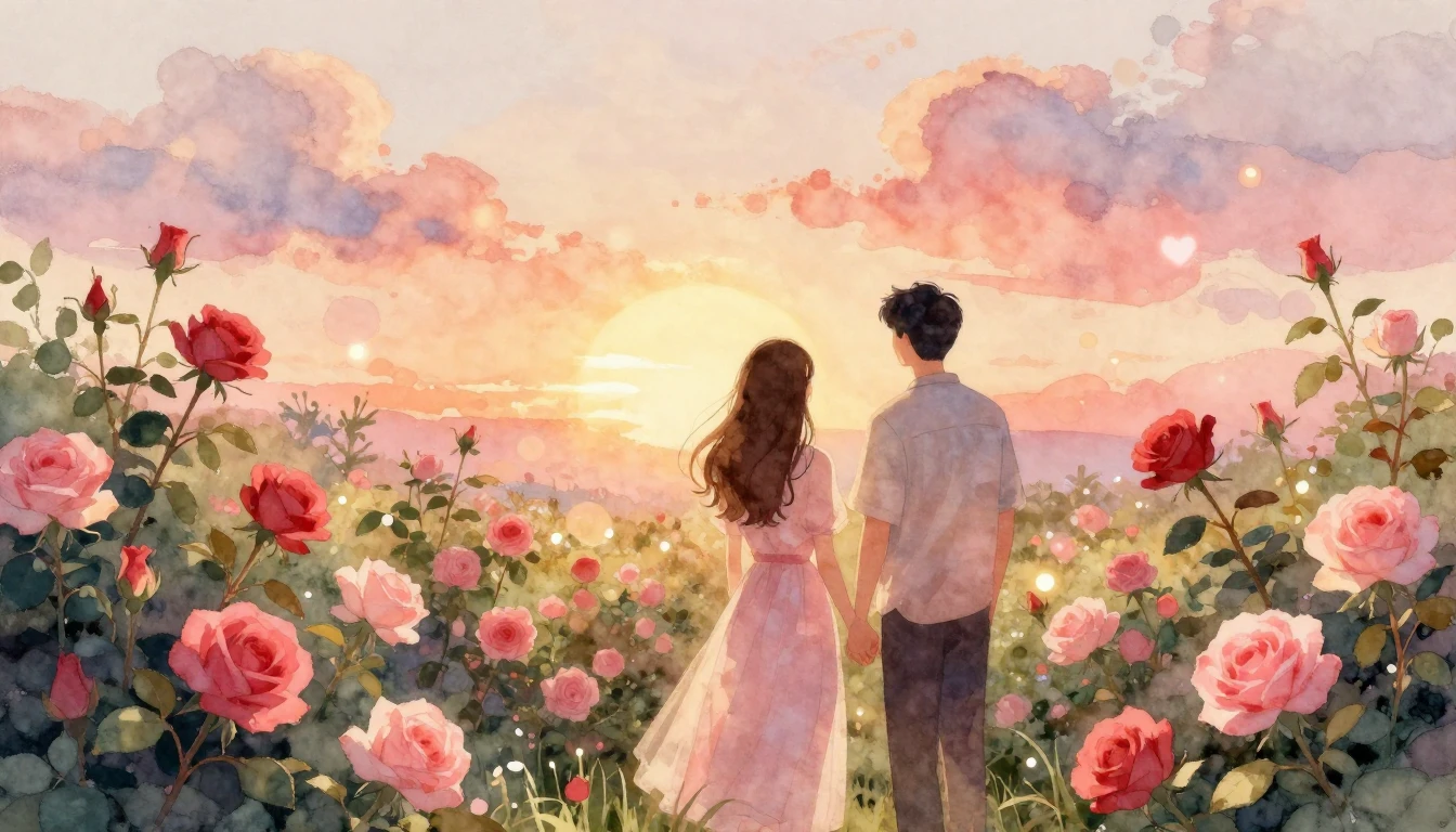 A romantic and ethereal watercolor illustration of a couple ...