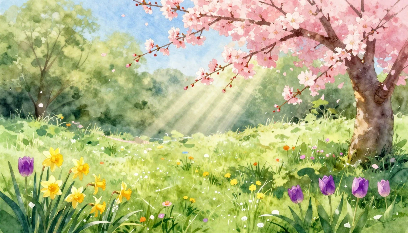 A vibrant and soft watercolor painting depicting a lush mead...