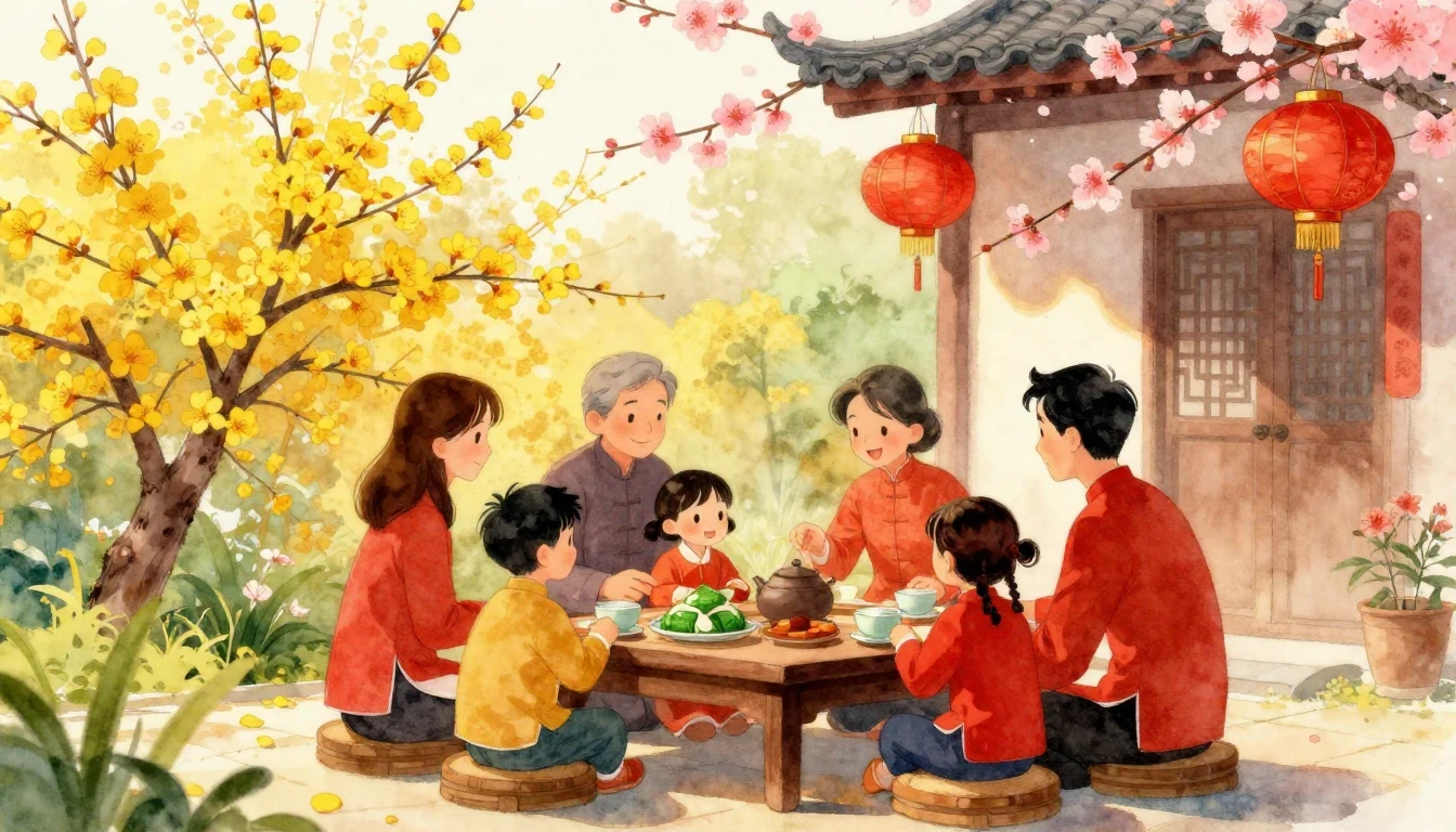 A heartwarming watercolor illustration of a traditional Viet...