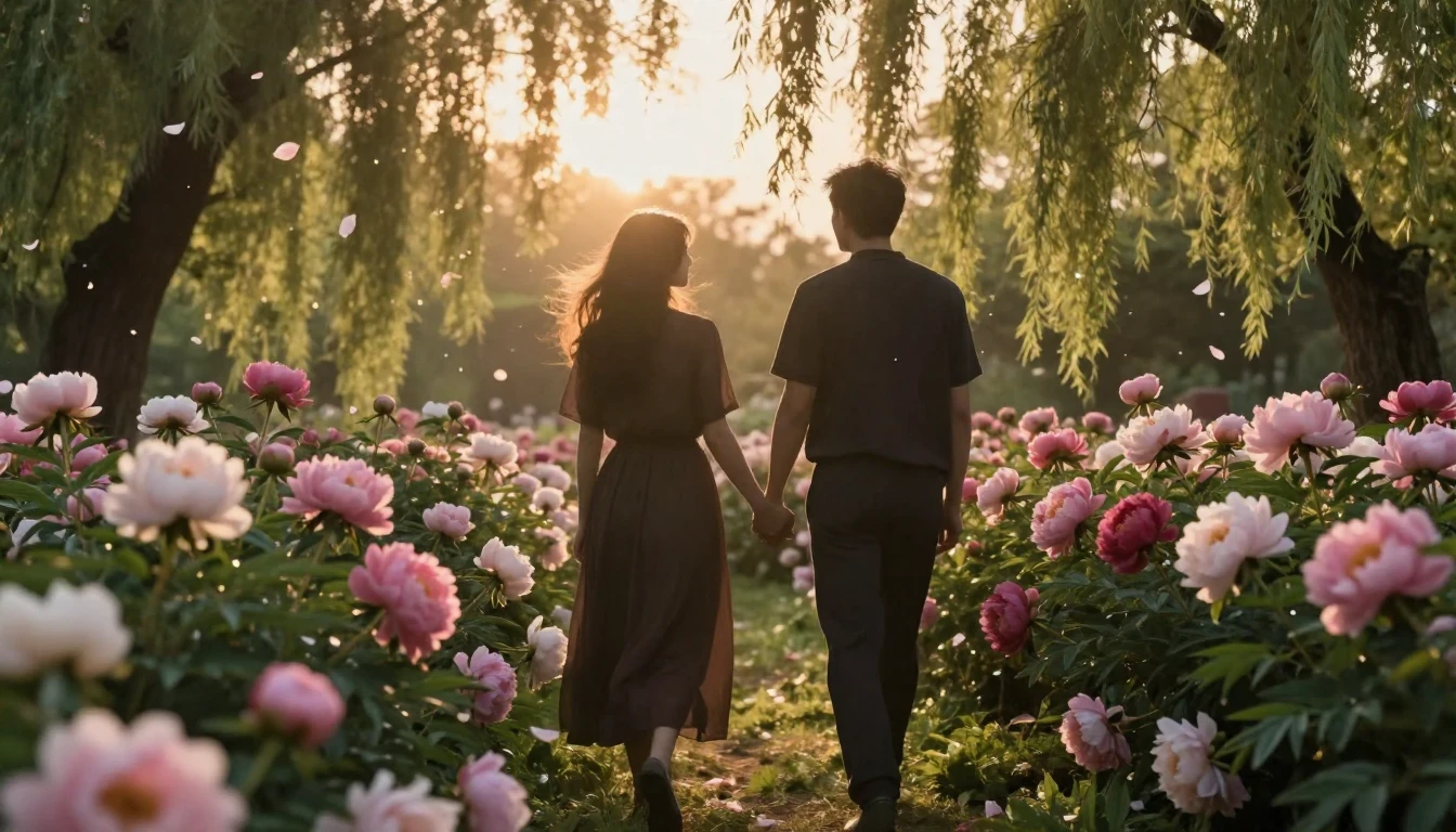 An ethereal and romantic scene of two silhouettes holding ha...