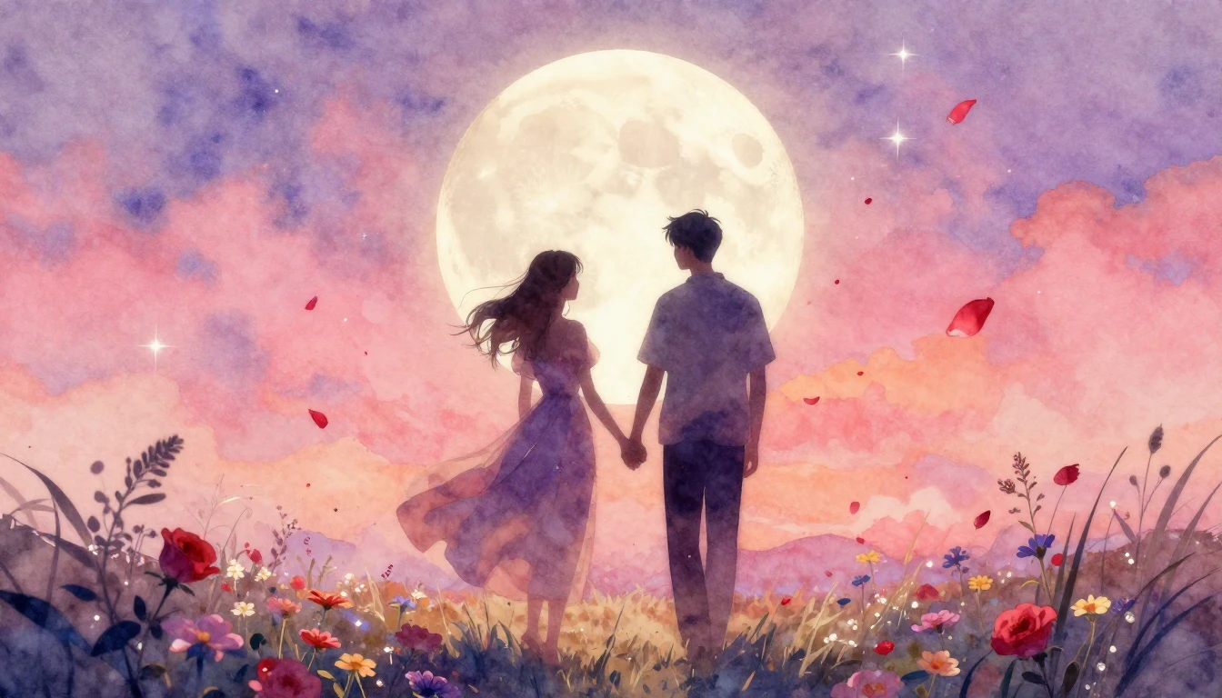 A romantic and dreamy watercolor painting featuring two silh...