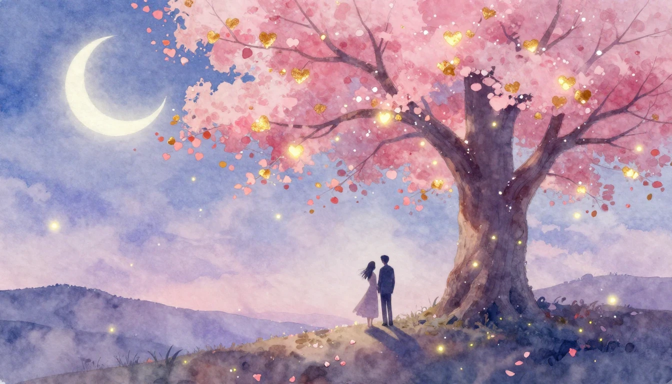 A soft and dreamy watercolor painting depicting a romantic s...