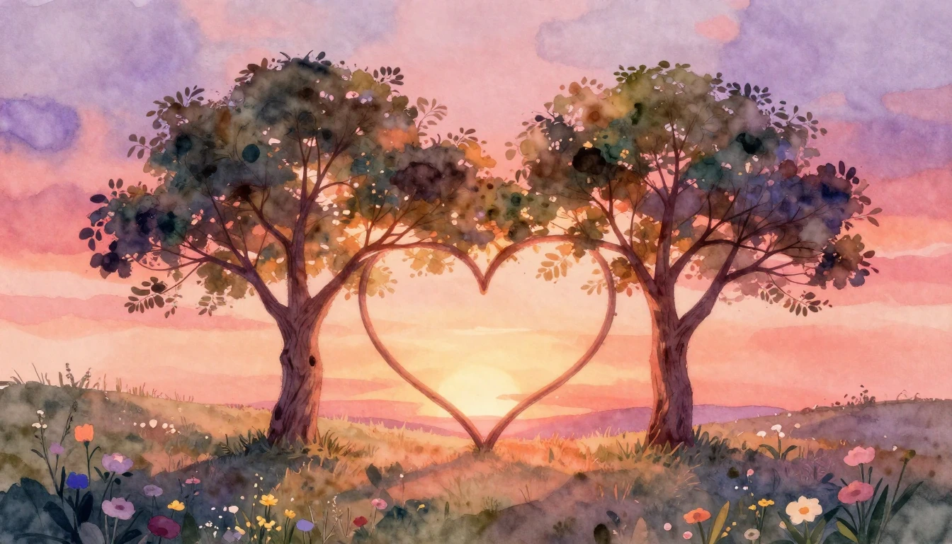 A soft, romantic watercolor illustration featuring two inter...