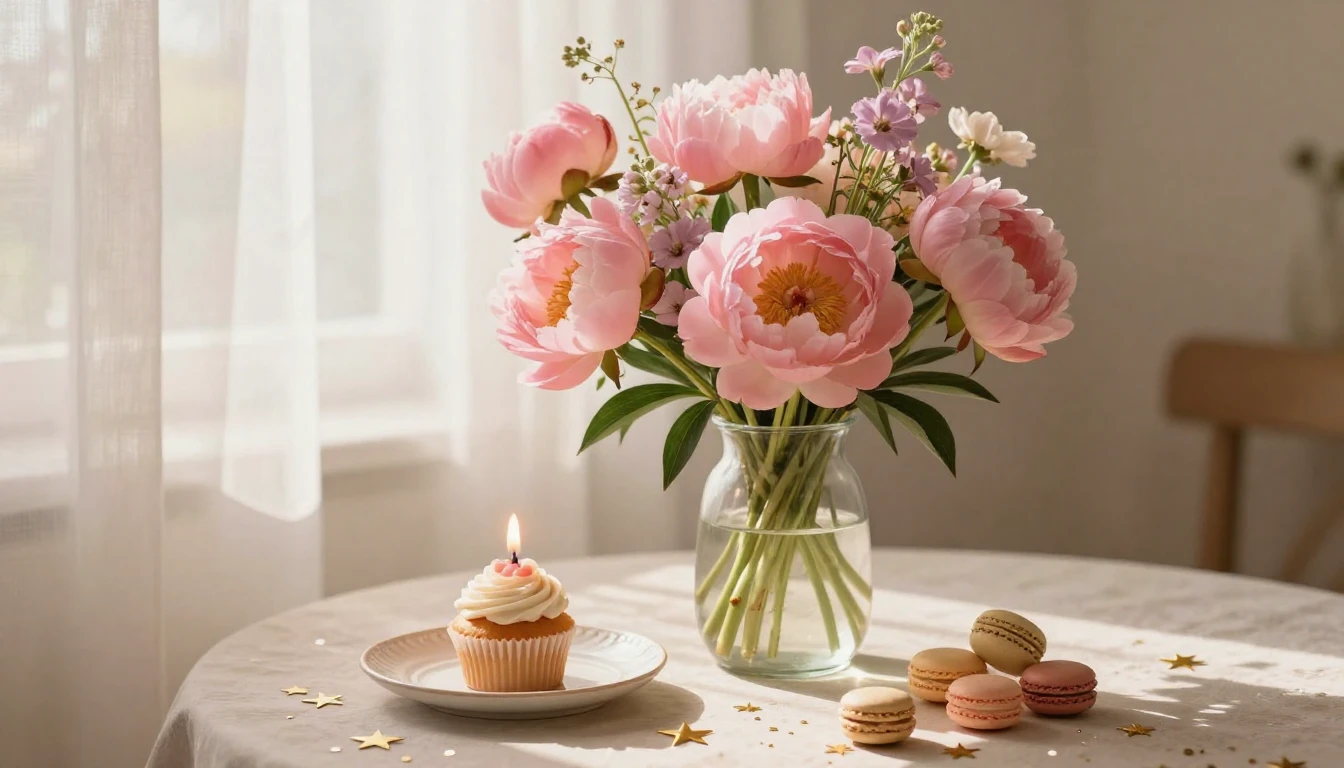 A beautiful and delicate composition featuring a lush bouque...