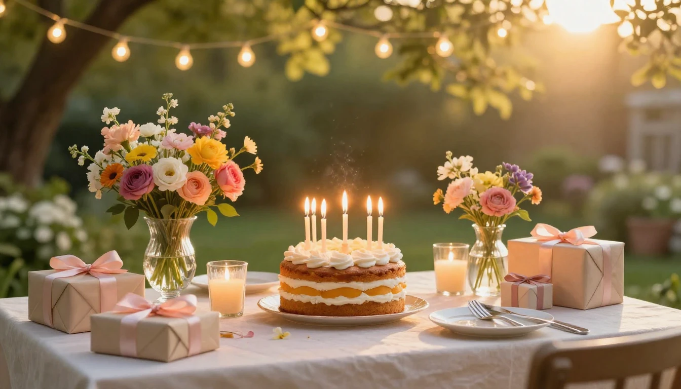 A festive and cozy birthday celebration scene. A beautifully...