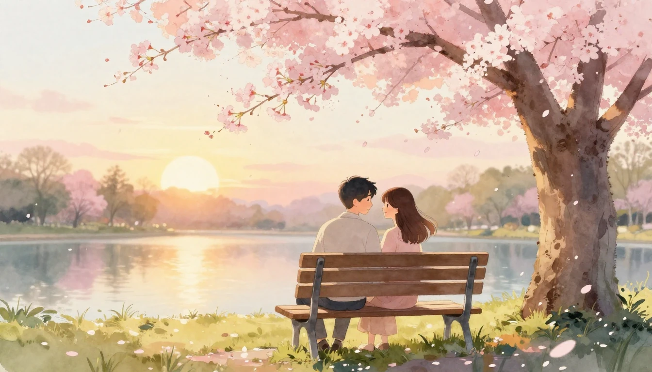 A romantic watercolor illustration of a couple sitting close...