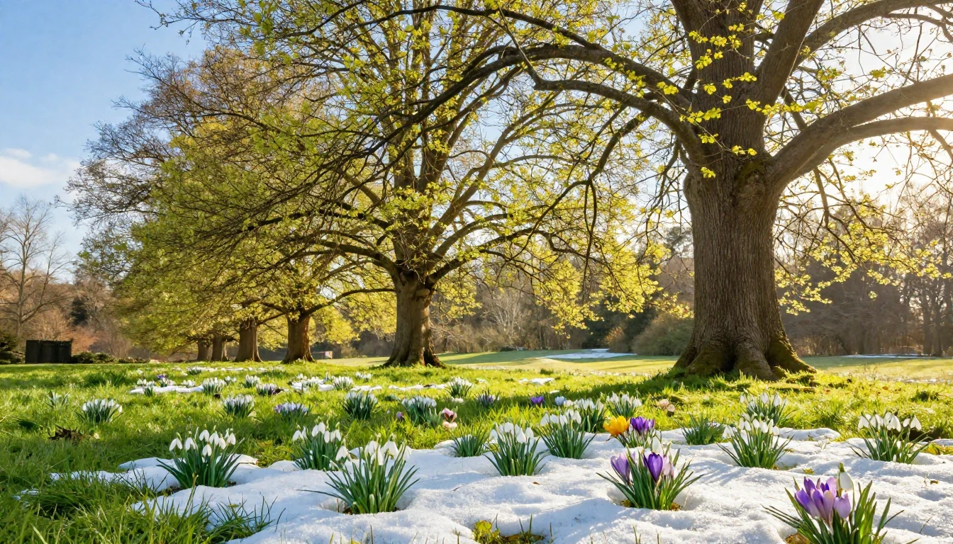 A beautiful spring landscape coming to life. Melting snow re...