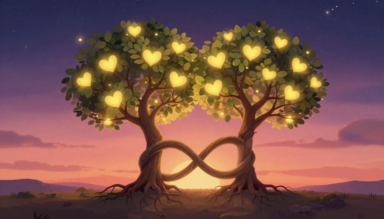 A romantic and whimsical illustration showing two intertwine...