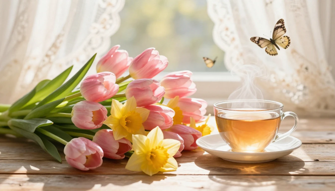 A beautiful spring scene symbolizing maternal love and warmt...