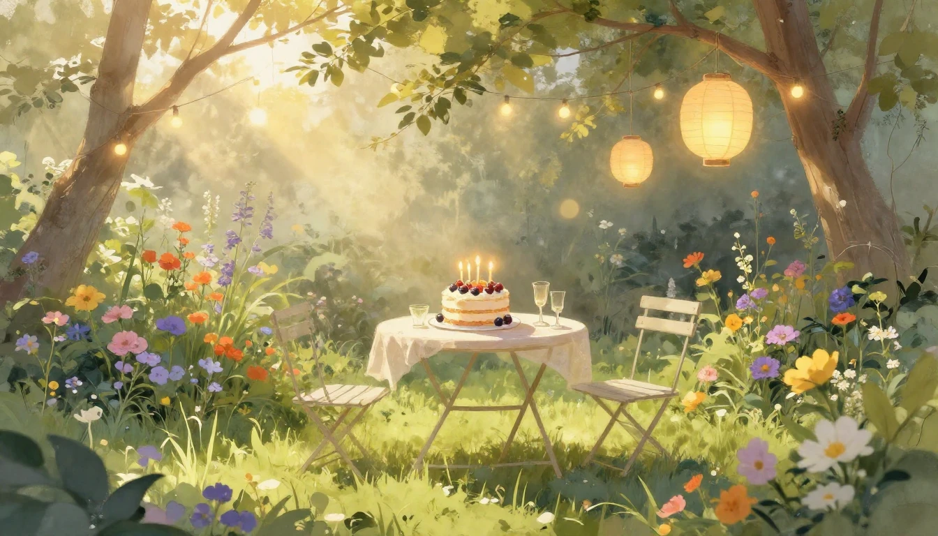 A serene and cozy outdoor garden scene during a warm golden ...