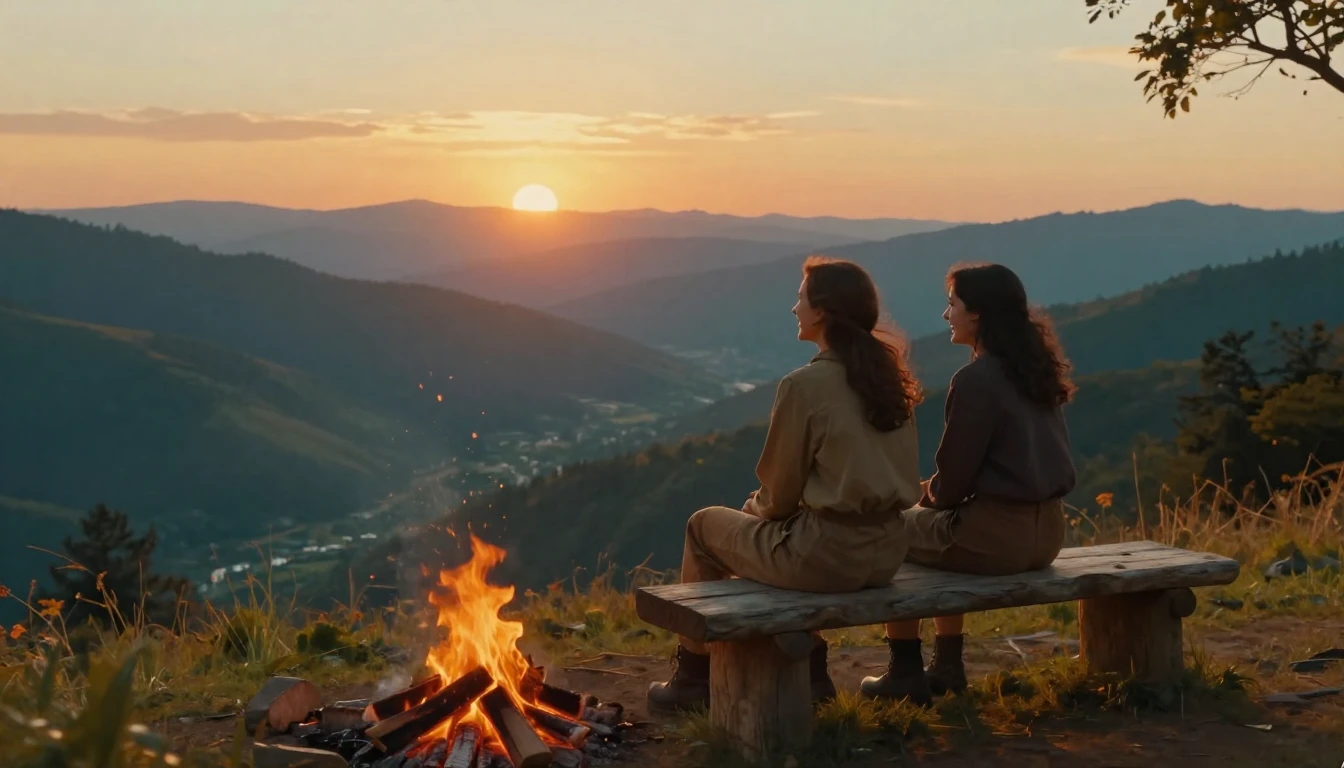 A heartwarming scene of two close friends sitting on a rusti...
