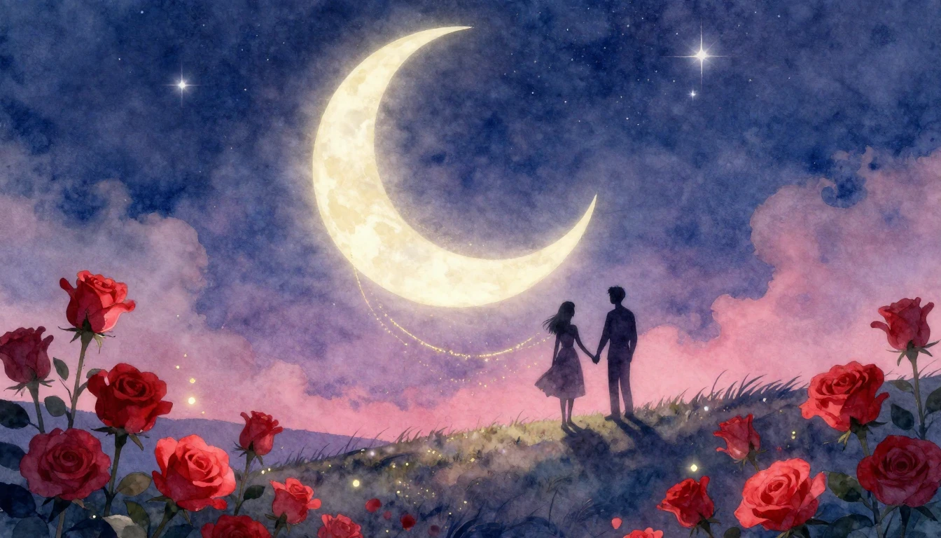 A romantic and dreamy watercolor scene featuring the silhoue...