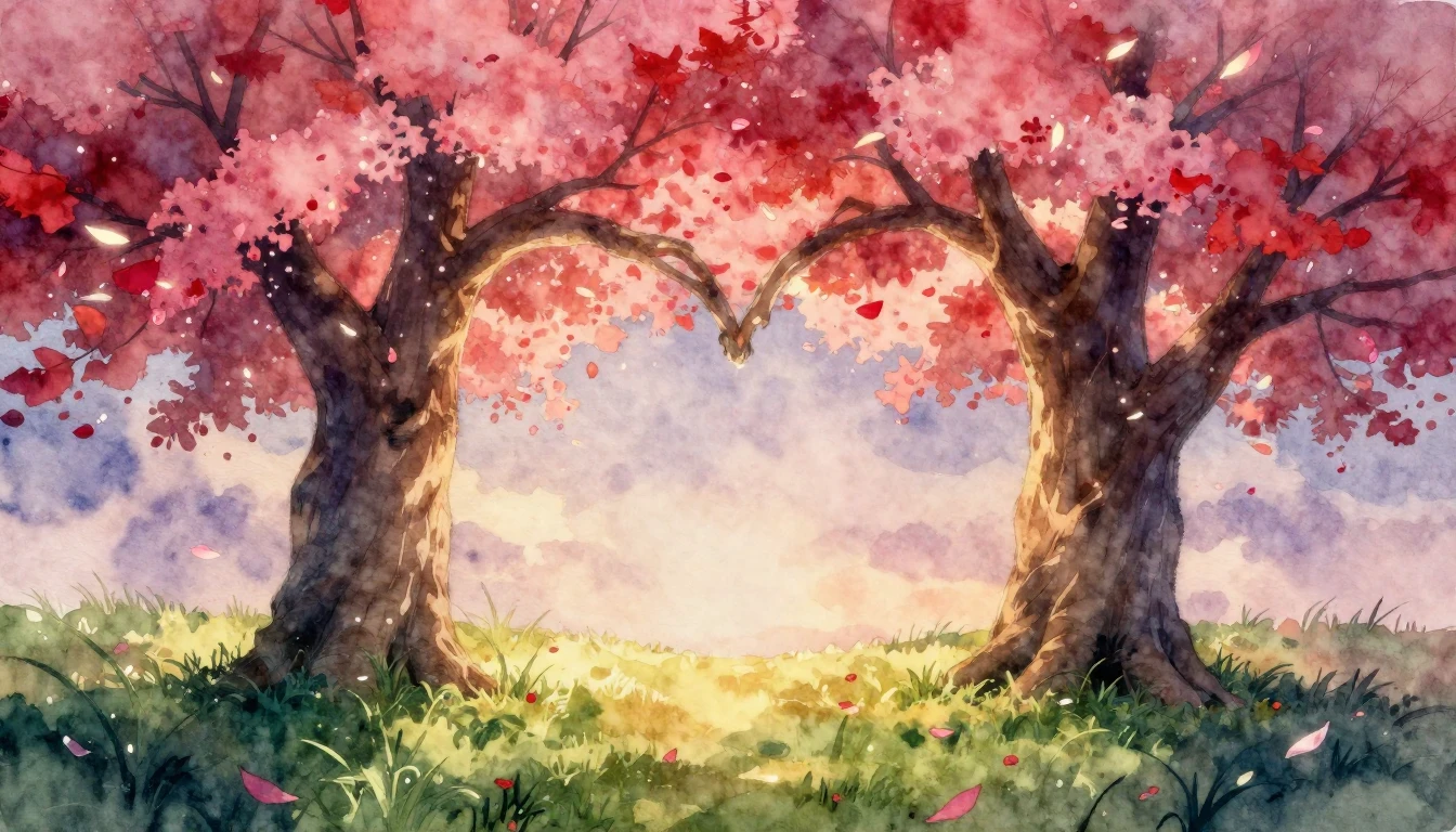 A soft and romantic watercolor painting depicting two large,...