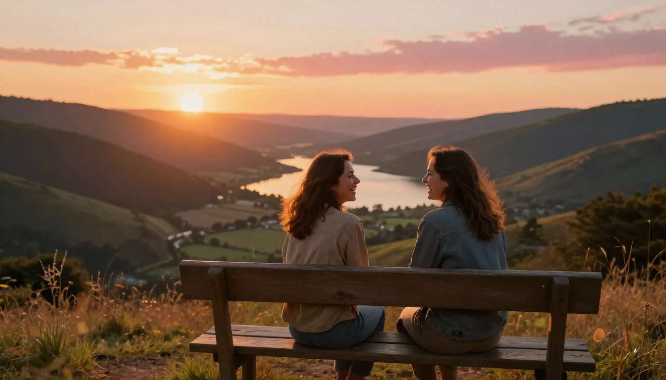 A heartwarming scene of two best friends sitting on a wooden...
