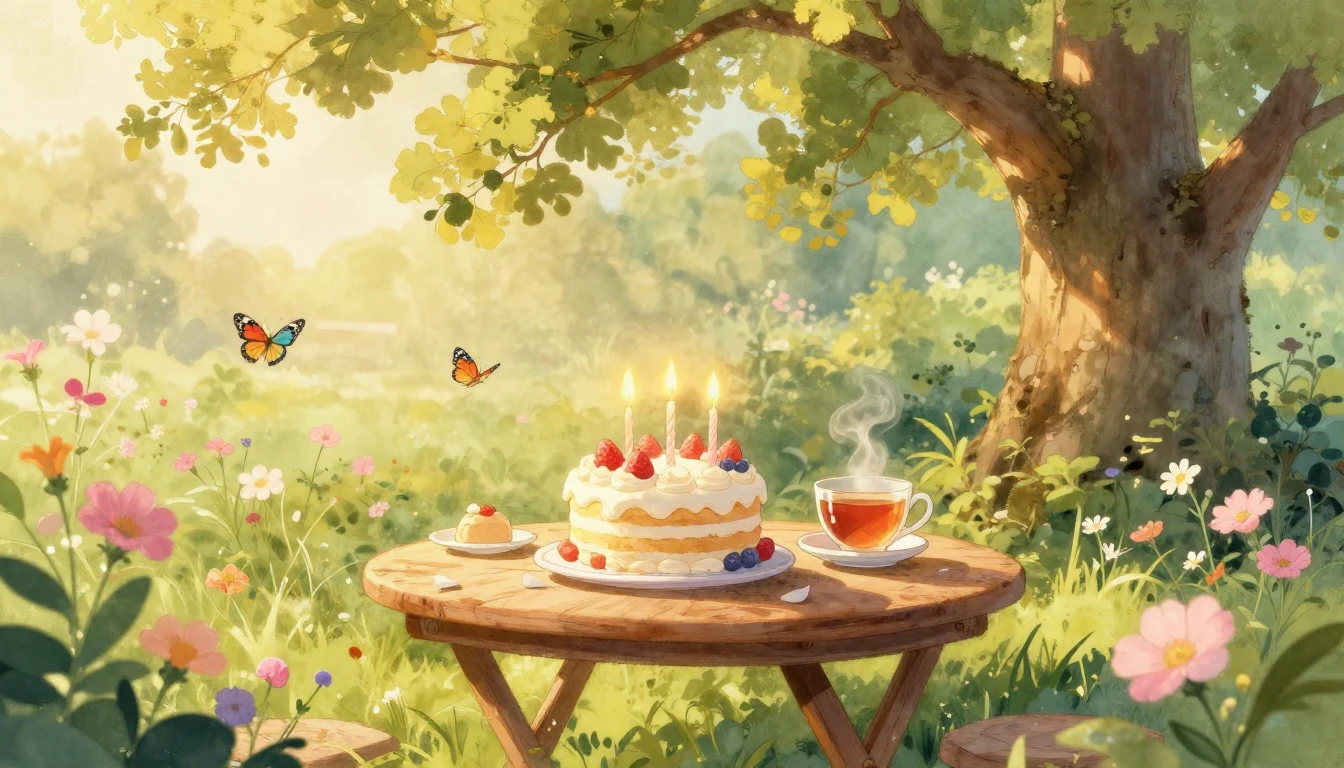 A warm and cozy scene of a small, sunlit wooden table outdoo...