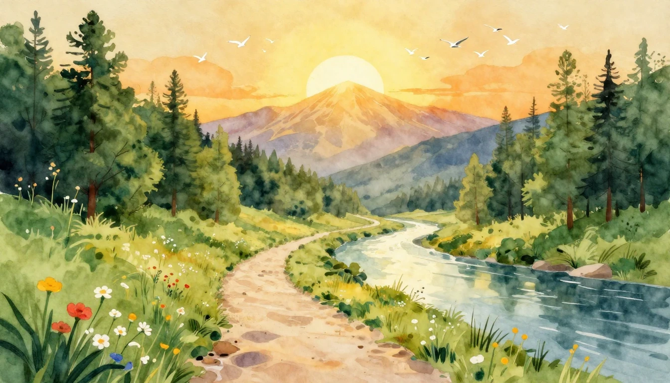 A beautiful watercolor painting depicting a glowing, winding...