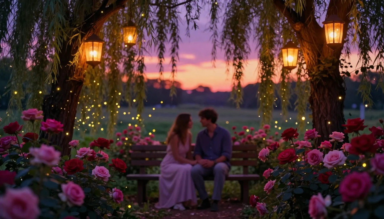 A romantic and ethereal garden at twilight, filled with glow...