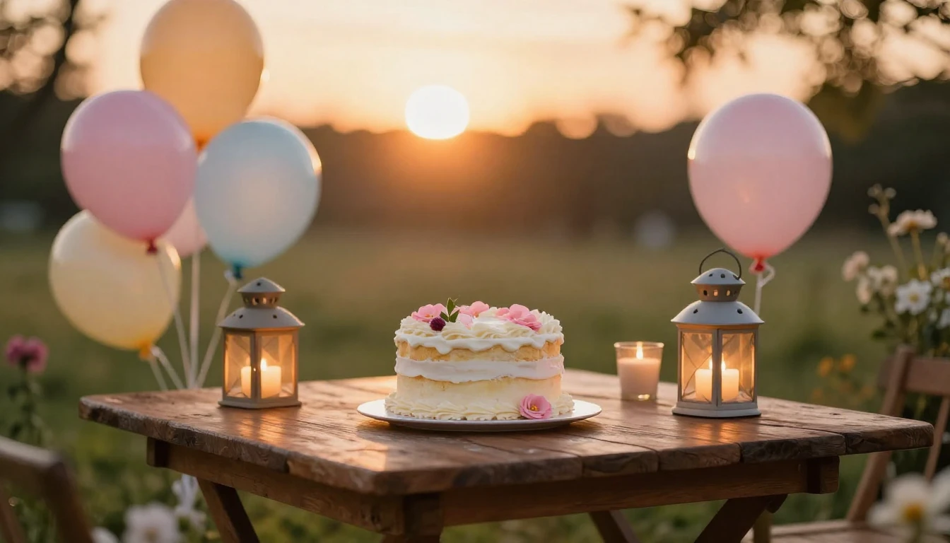 A warm and cozy birthday celebration scene at golden hour. A...