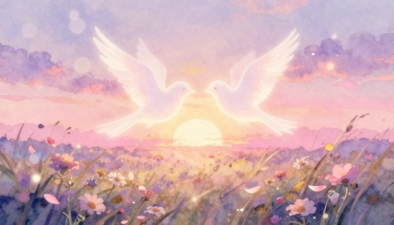 A dreamy and soft watercolor painting depicting a romantic a...