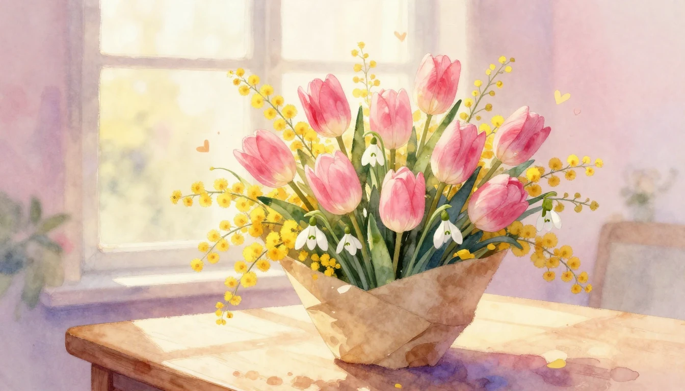 A soft and romantic watercolor painting depicting a lush bou...