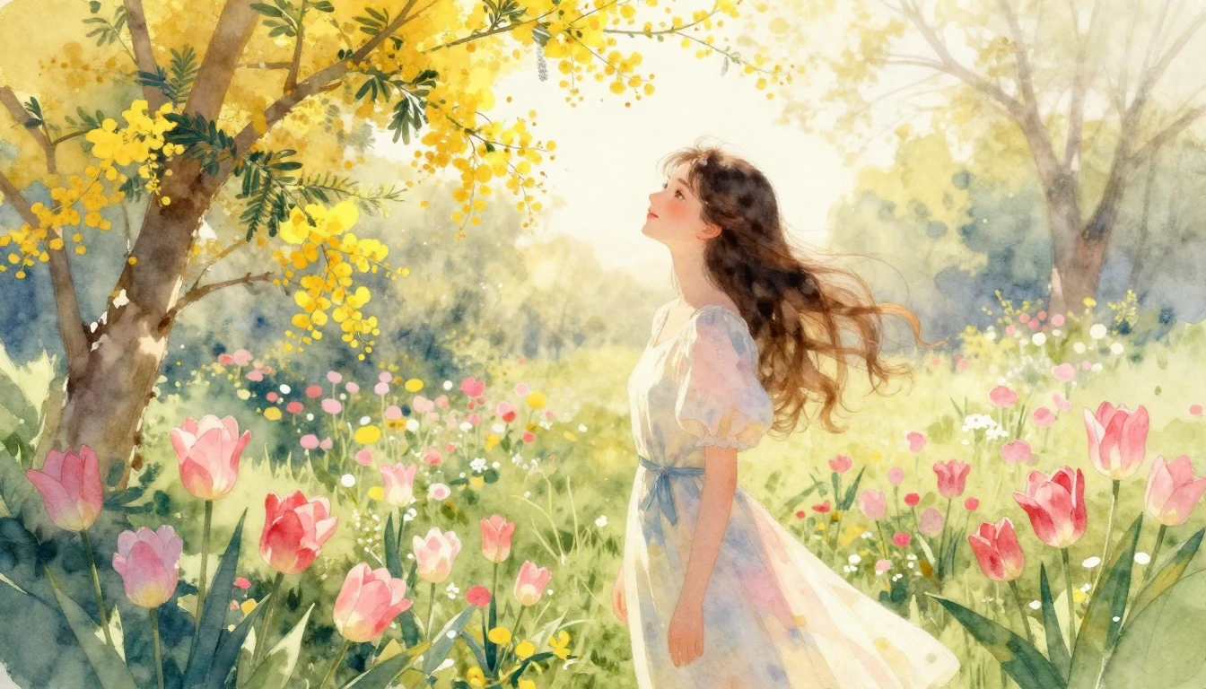 A delicate watercolor painting of a graceful woman standing ...