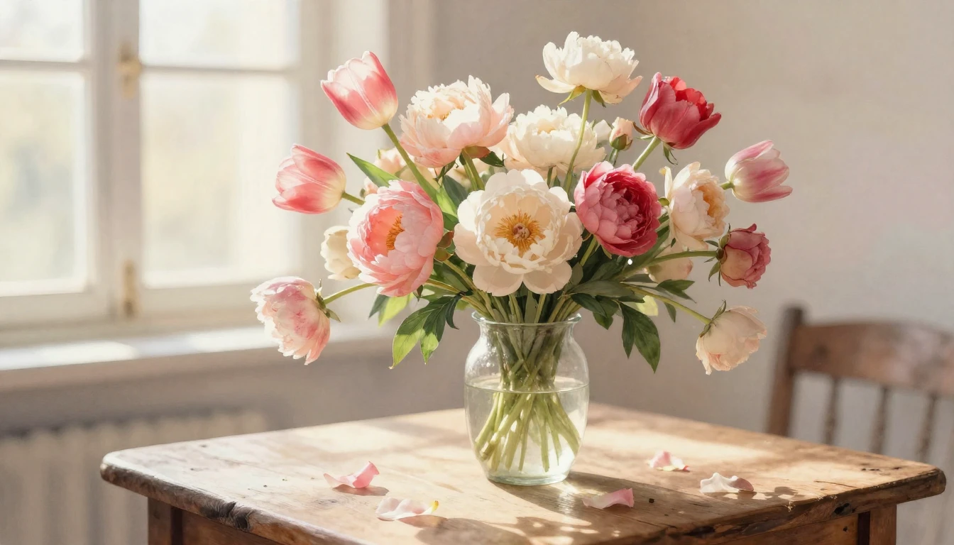 A soft and ethereal watercolor painting depicting a lush bou...