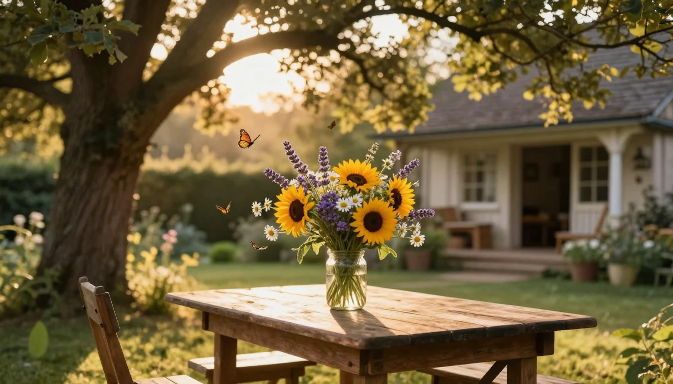 A serene and sun-drenched garden scene at golden hour. In th...