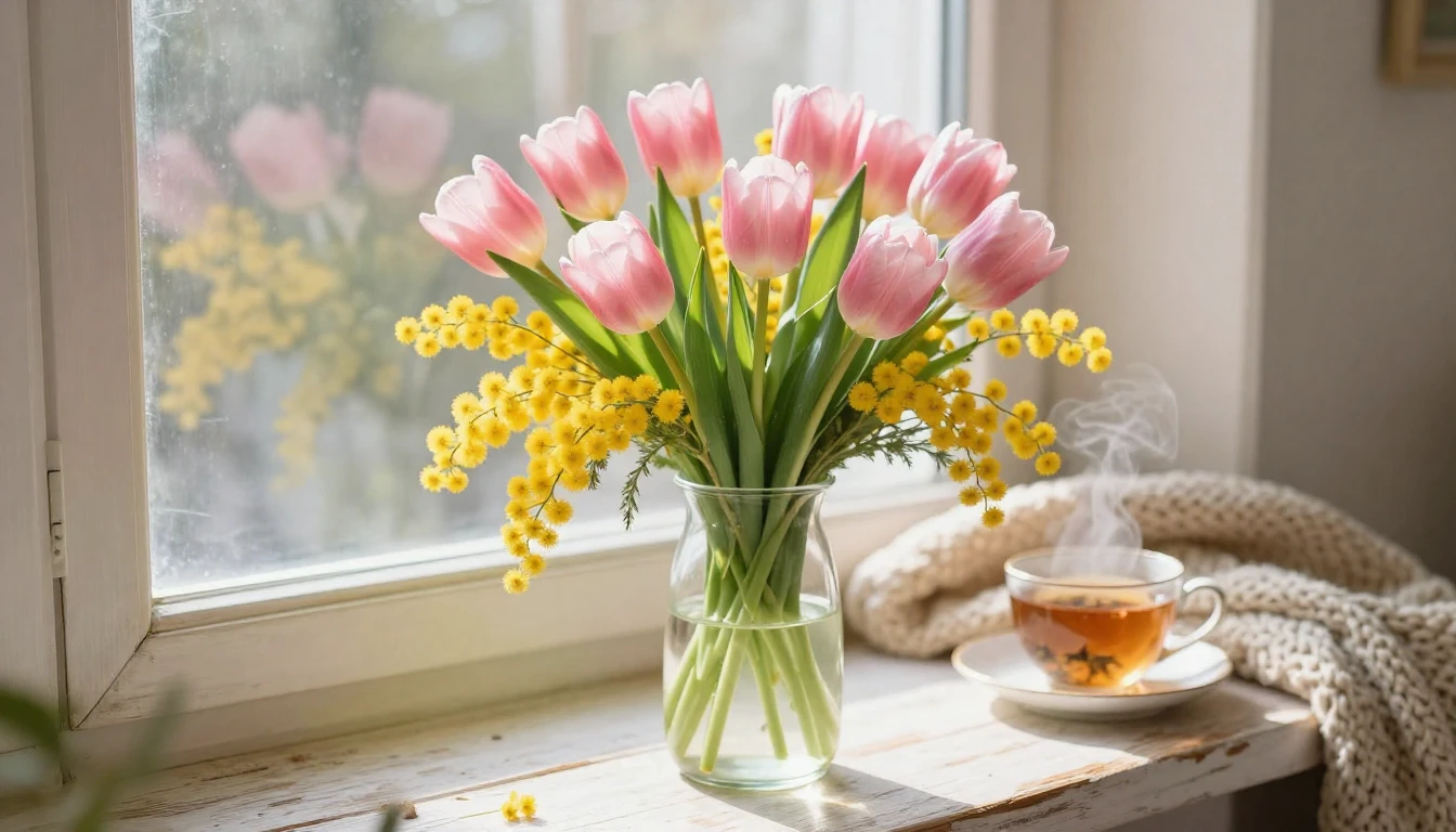 A beautiful and delicate bouquet of fresh spring flowers inc...