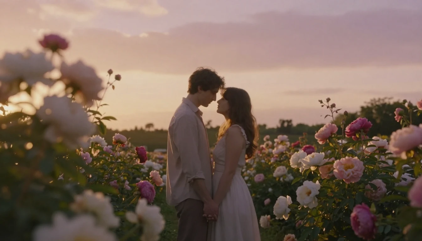 A romantic and dreamlike scene of a couple standing together...