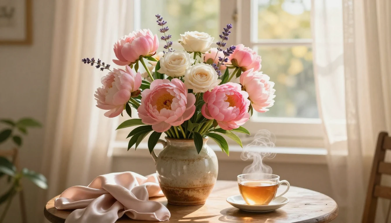 A warm and inviting scene featuring a lush, colorful bouquet...