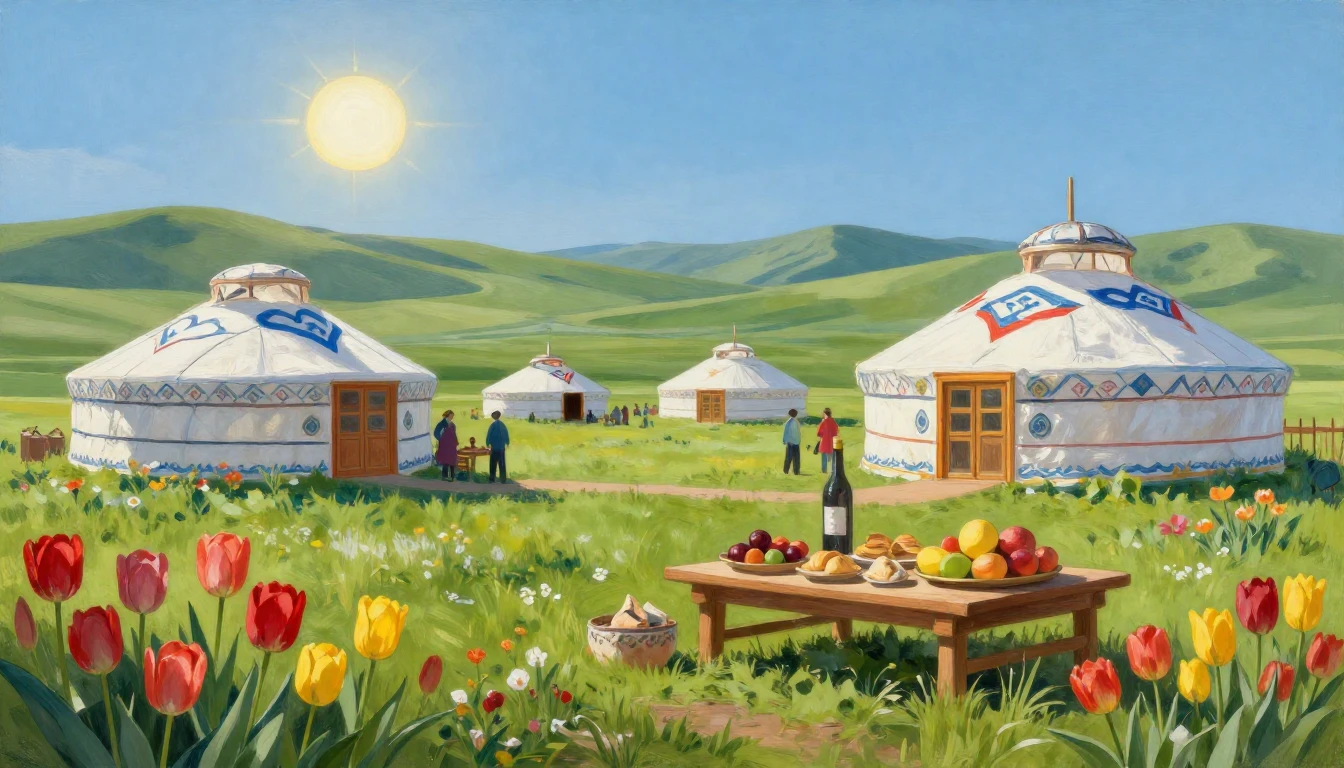 An oil painting depicting a vibrant celebration of Nauryz in...