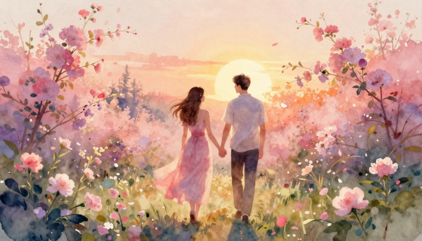 A romantic watercolor painting of a couple walking hand-in-h...