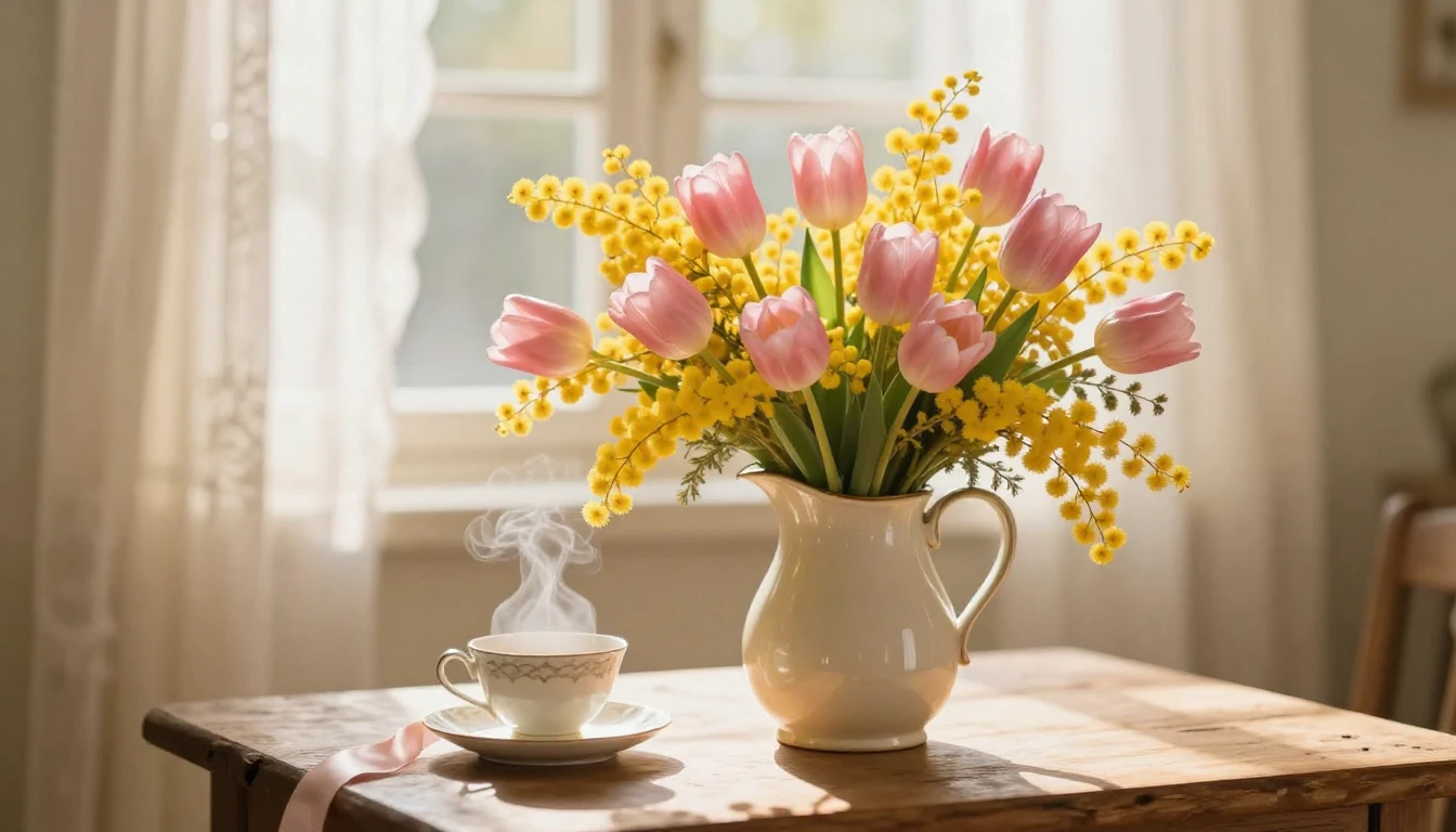 A heartwarming and soft scene focusing on a vibrant bouquet ...