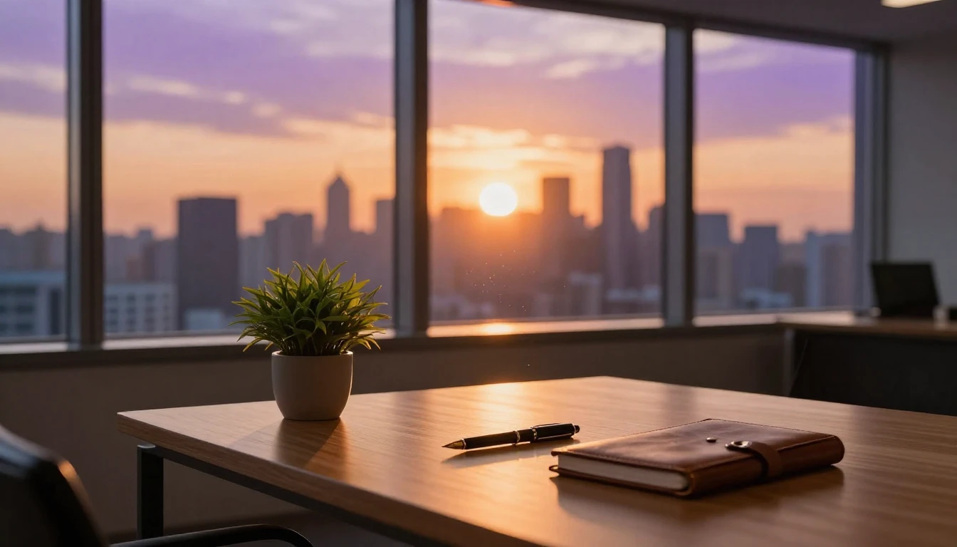 A high-end modern office interior during the golden hour. A ...