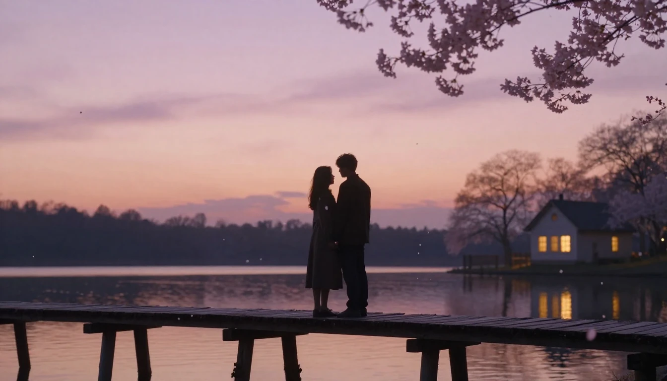 A romantic and ethereal scene featuring two silhouettes stan...