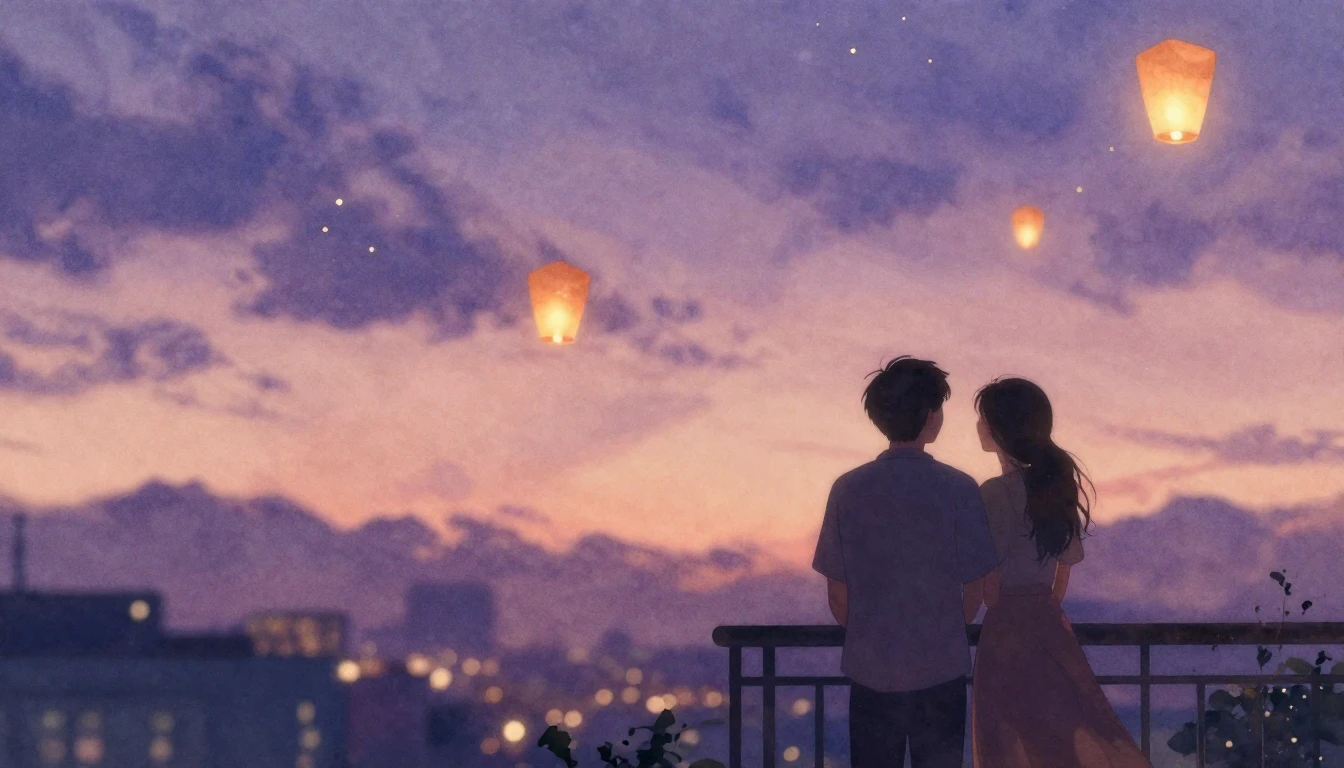 A romantic and dreamy scene of two people silhouettes standi...