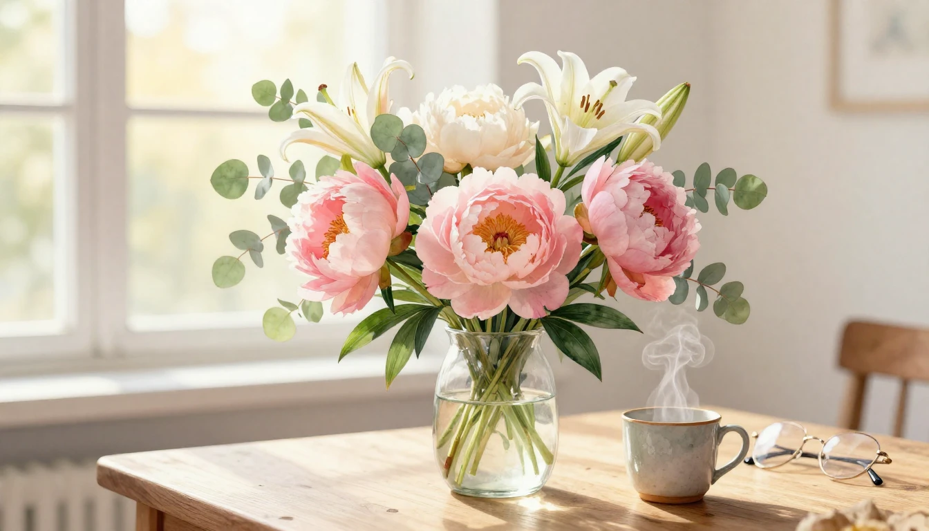 A beautiful watercolor painting of a vibrant bouquet of peon...