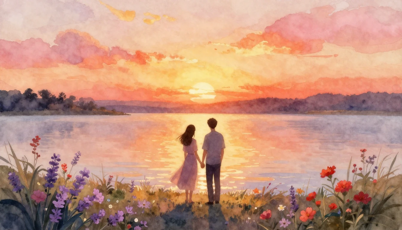 A breathtakingly romantic scene in a soft watercolor style. ...