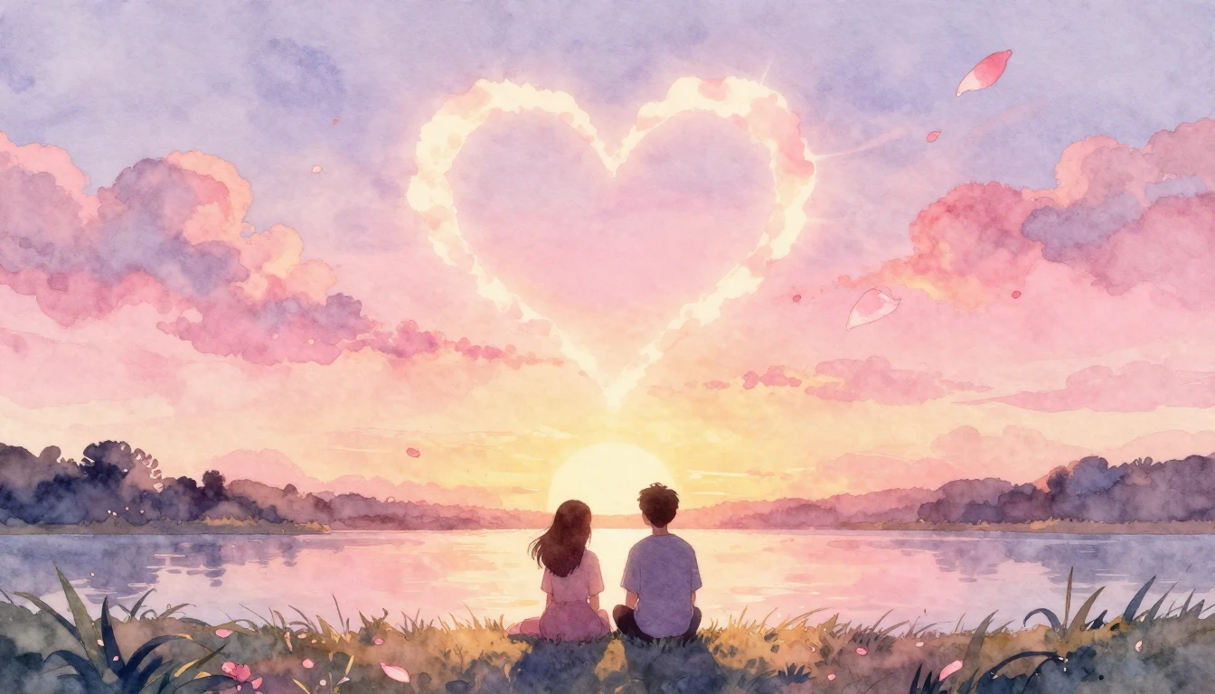 A soft, dreamy watercolor painting depicting two silhouette ...