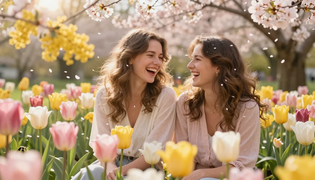 A heartwarming scene of two female friends laughing joyfully...