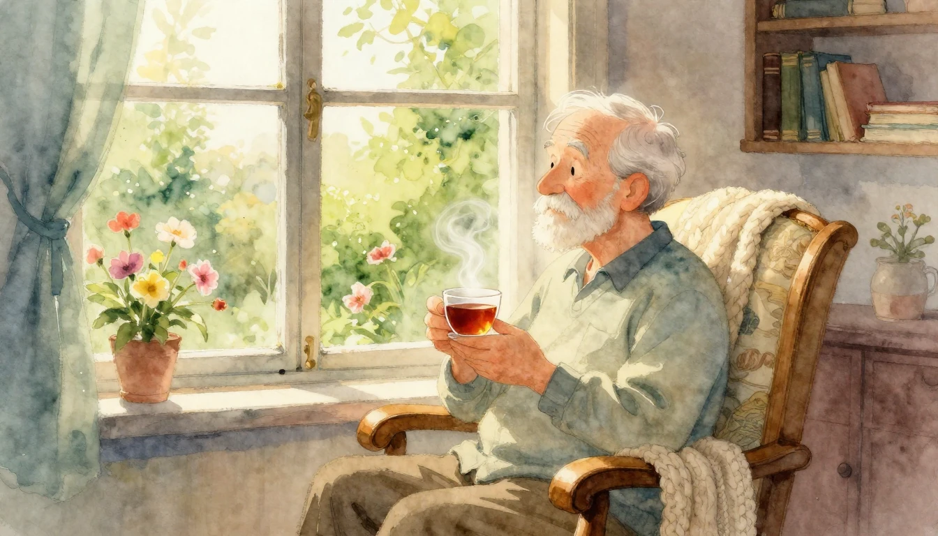 A heartwarming watercolor illustration of a kind elderly fat...